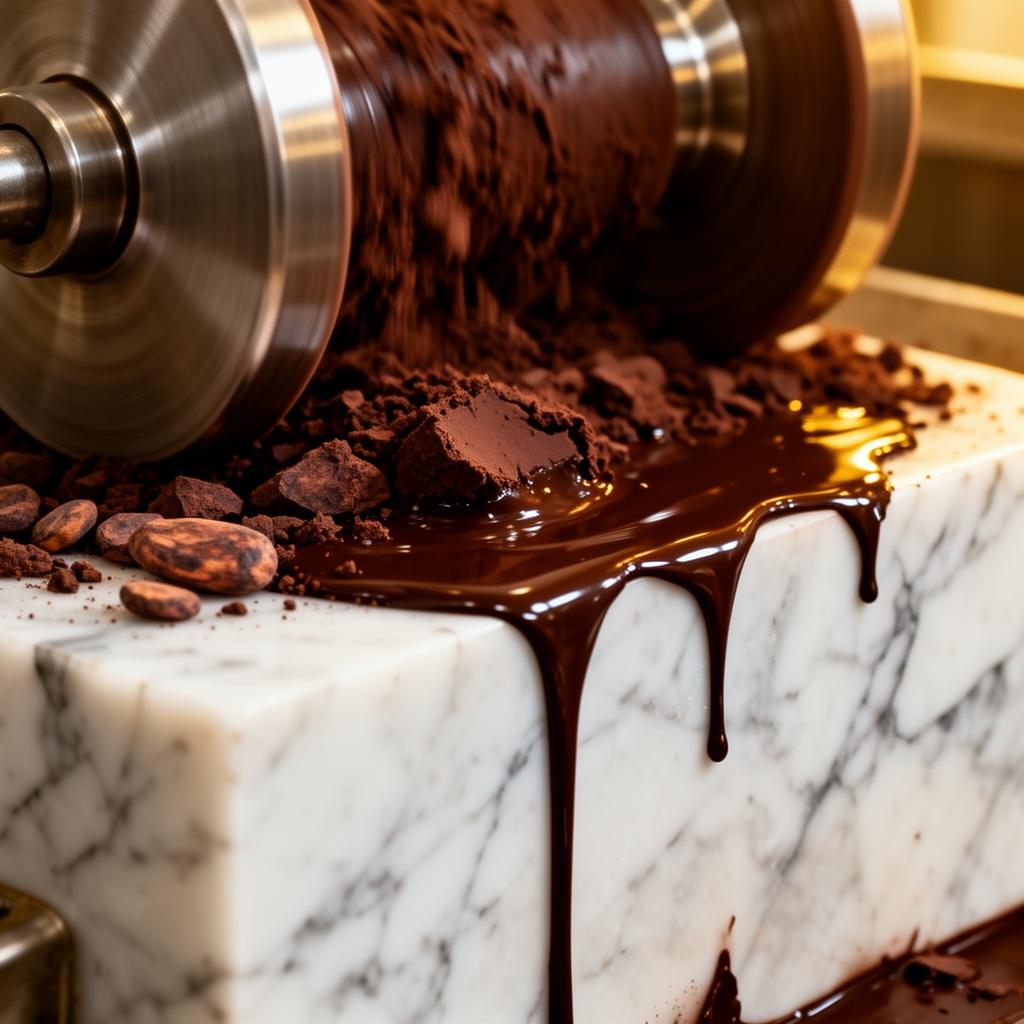 Close-up of polished marble grinding wheels crushing cacao into smooth liquor