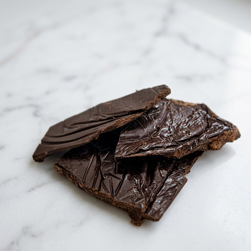 Glossy shards of raw stone-ground ceremonial cacao on a polished white marble slab