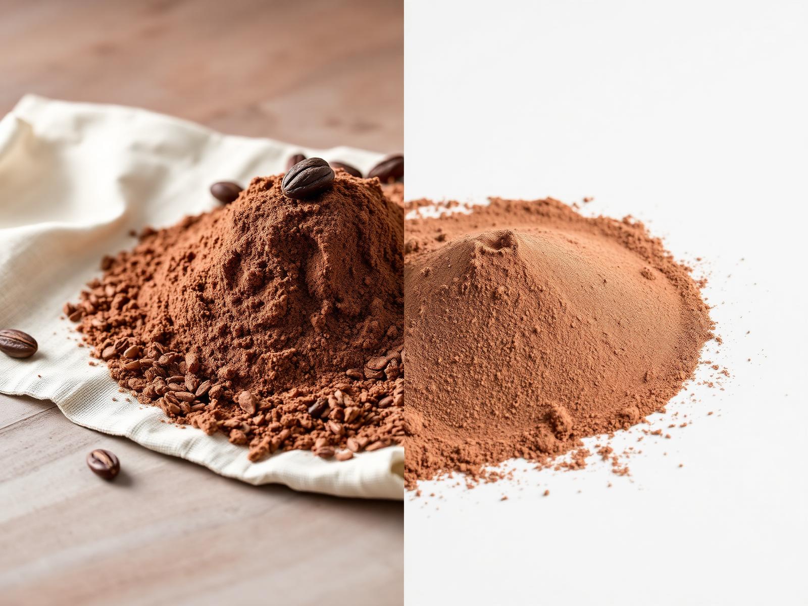 Marble-ground raw cacao on linen beside fine industrial alkalized cocoa powder