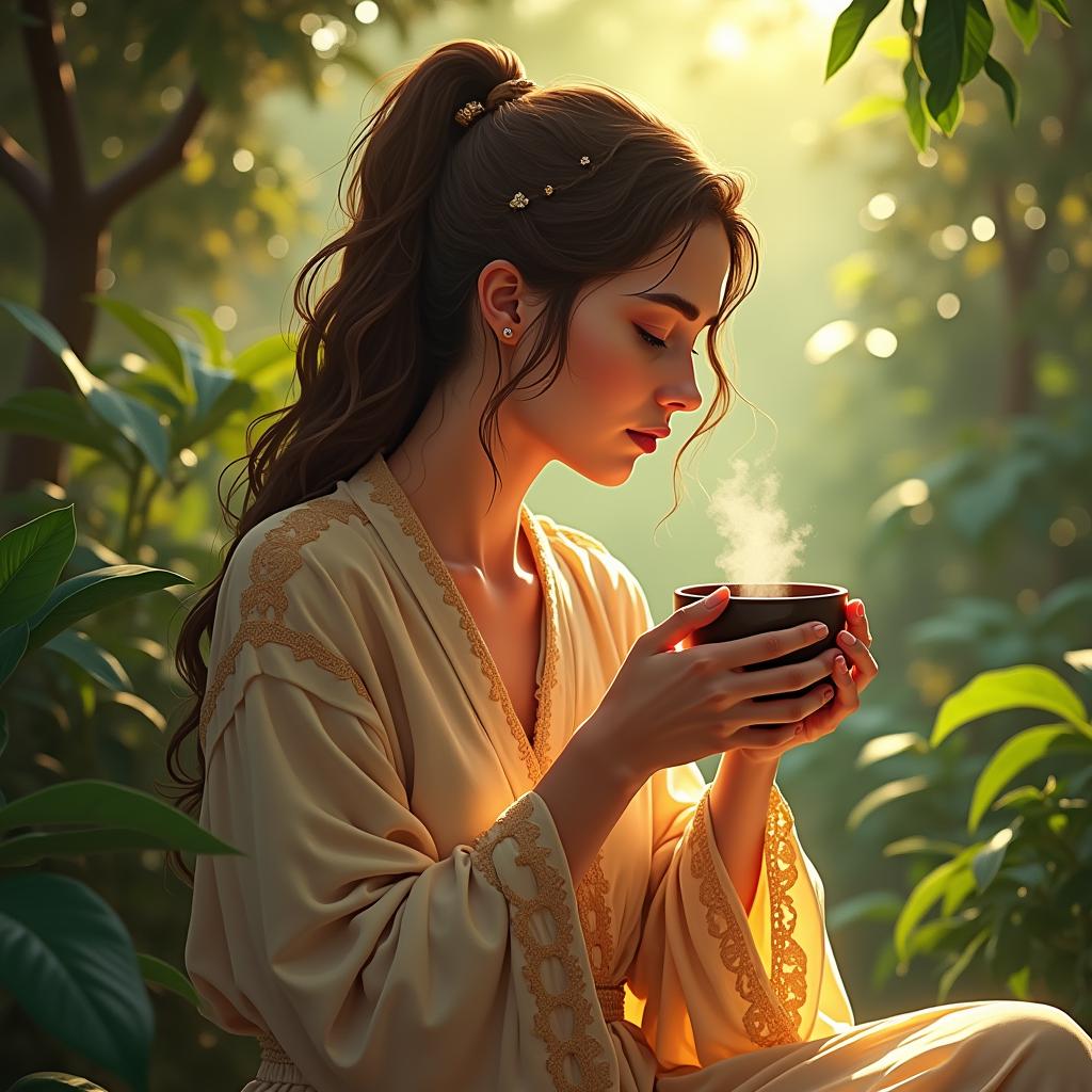 A woman in golden morning light cradling a steaming cup of ceremonial cacao